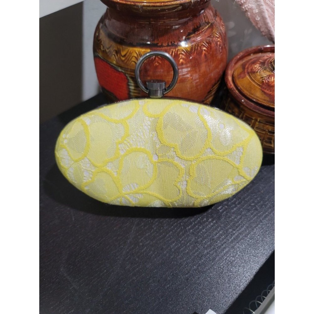 PRABAL GURUNG HARD CLUTCH HANDBAG YELLOW LACE CHAIN STRAP HANDLE